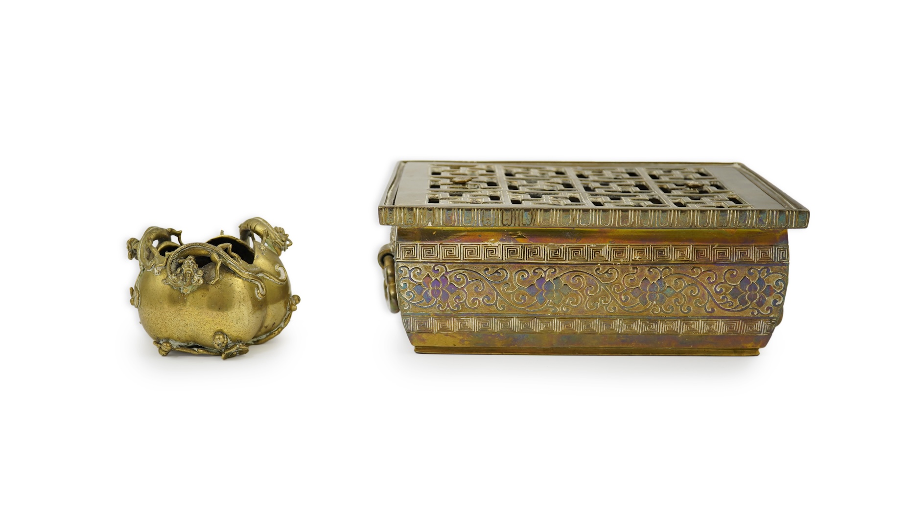 A large Chinese bronze rectangular censer and cover, Xuande seal mark, and a ‘plum blossom and chilong’ bronze censer, both 19th century